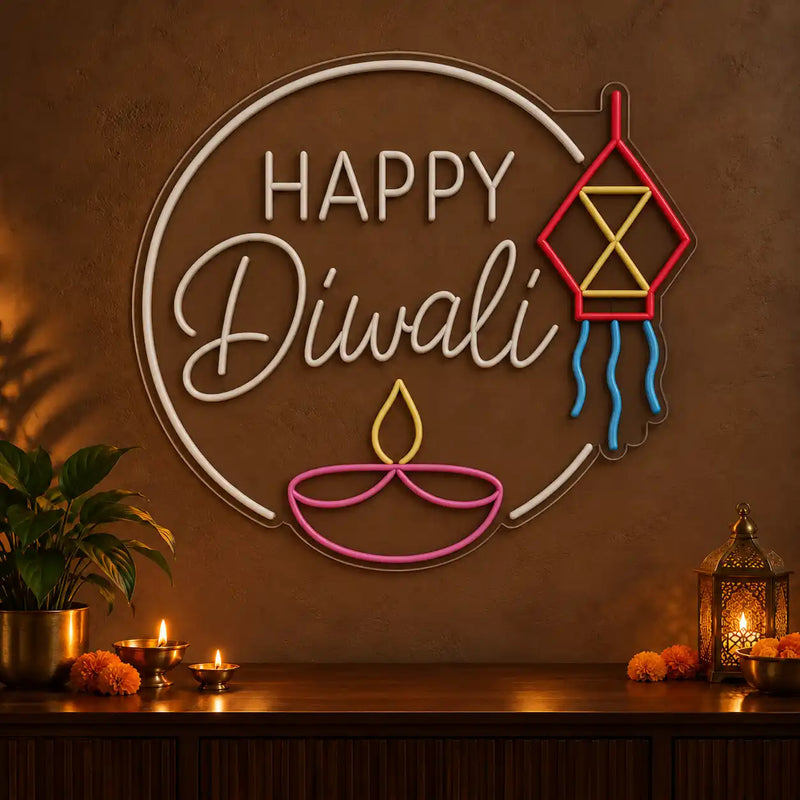 Happy Diwali Multicolor Neon LED Wall Sign with Diya & Kandil Lantern Design