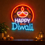 Happy Diwali Neon LED Sign with Glowing Diya & Firecracker Motifs for Home & Office Decoration