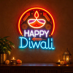 Happy Diwali Neon LED Sign with Glowing Diya & Firecracker Motifs for Home & Office Decoration
