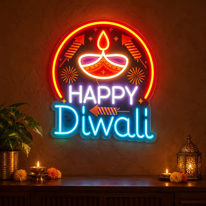 Happy Diwali Neon LED Sign with Glowing Diya & Firecracker Motifs for Home & Office Decoration