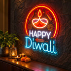 Happy Diwali Neon LED Sign with Glowing Diya & Firecracker Motifs for Home & Office Decoration