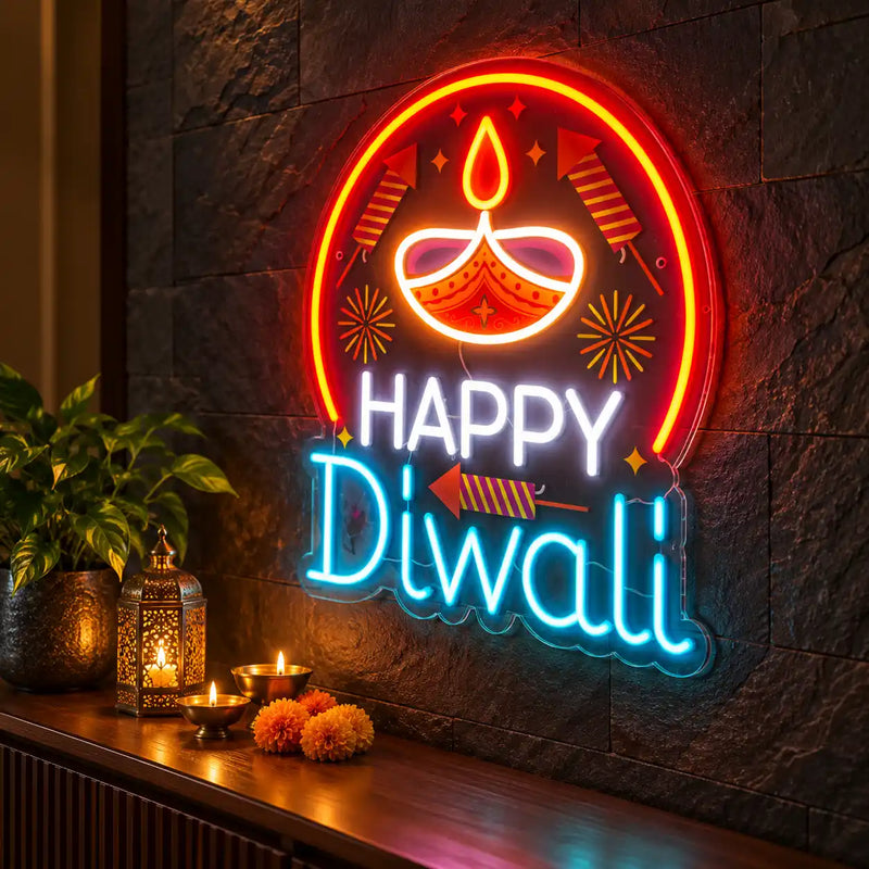 Happy Diwali Neon LED Sign with Glowing Diya & Firecracker Motifs for Home & Office Decoration