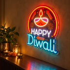 Happy Diwali Neon LED Sign with Glowing Diya & Firecracker Motifs for Home & Office Decoration