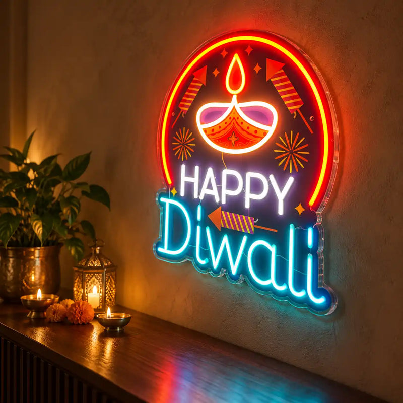 Happy Diwali Neon LED Sign with Glowing Diya & Firecracker Motifs for Home & Office Decoration