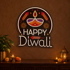 Happy Diwali Neon LED Sign with Glowing Diya & Firecracker Motifs for Home & Office Decoration