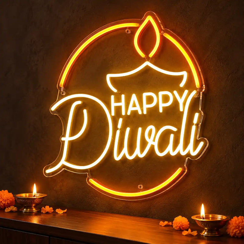 Happy Diwali Neon Sign with Diya for Home, Office & Shop Decoration