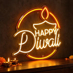 Happy Diwali Neon Sign with Diya for Home, Office & Shop Decoration