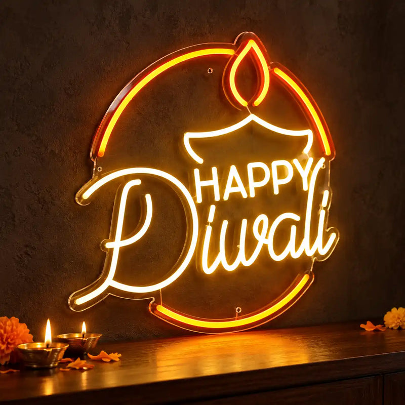 Happy Diwali Neon Sign with Diya for Home, Office & Shop Decoration