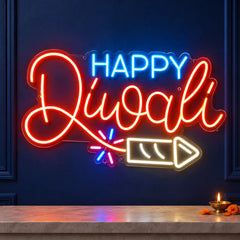 Happy Diwali Neon Wall Light with Firecracker for Home, Office & Shop Decoration