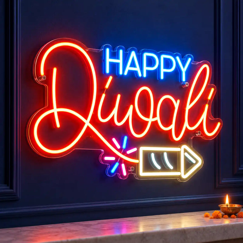 Happy Diwali Neon Wall Light with Firecracker for Home, Office & Shop Decoration