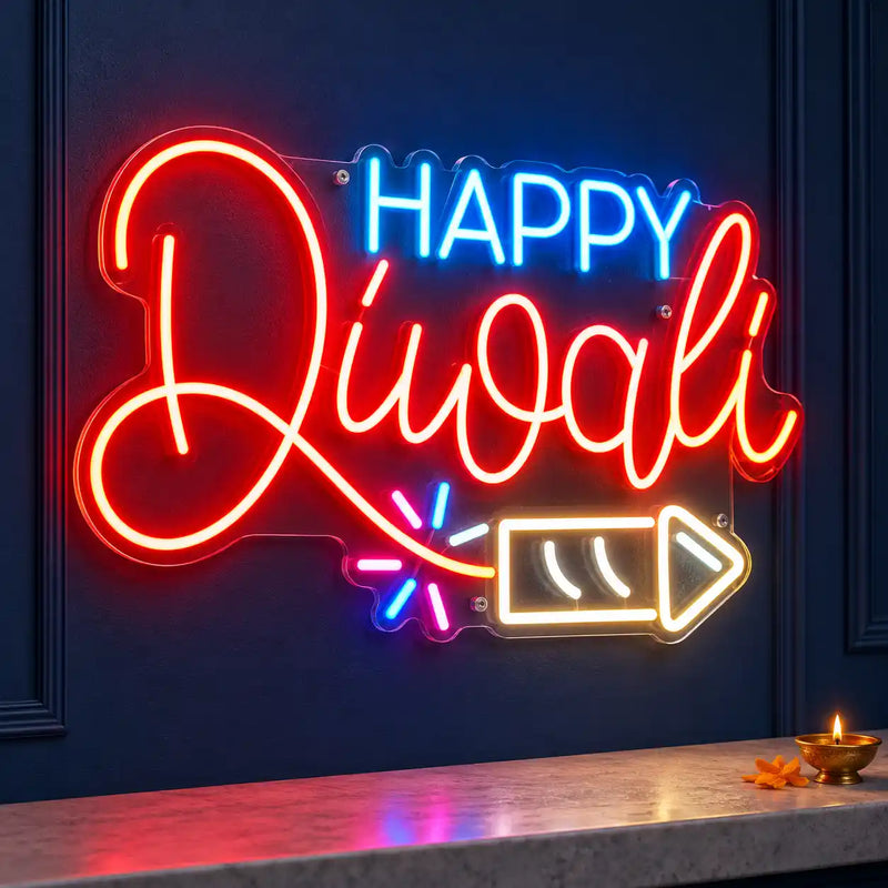 Happy Diwali Neon Wall Light with Firecracker for Home, Office & Shop Decoration