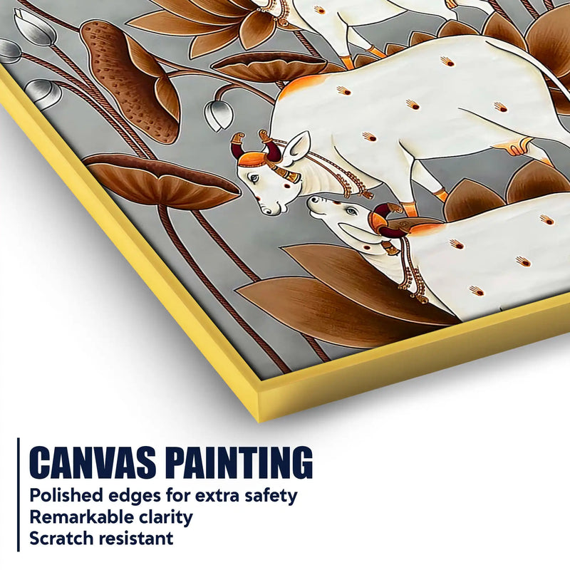 Harmony of Sacred Cows Among Golden Lotus Pichwai Canvas Wall Painting
