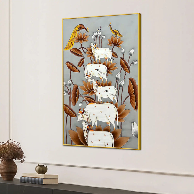 Harmony of Sacred Cows Among Golden Lotus Pichwai Canvas Wall Painting
