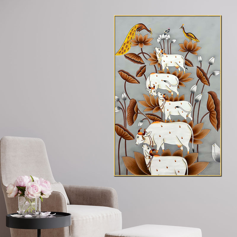 Harmony of Sacred Cows Among Golden Lotus Pichwai Canvas Wall Painting