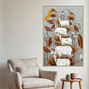 Harmony of Sacred Cows Among Golden Lotus Pichwai Canvas Wall Painting