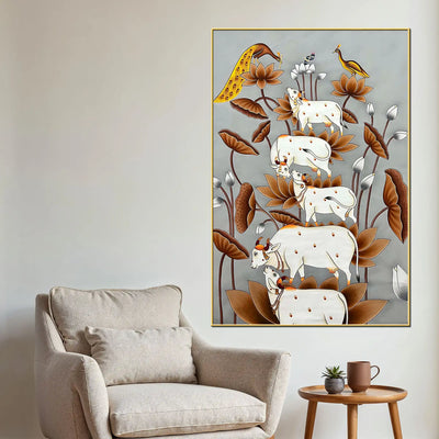 Harmony of Sacred Cows Among Golden Lotus Pichwai Canvas Wall Painting