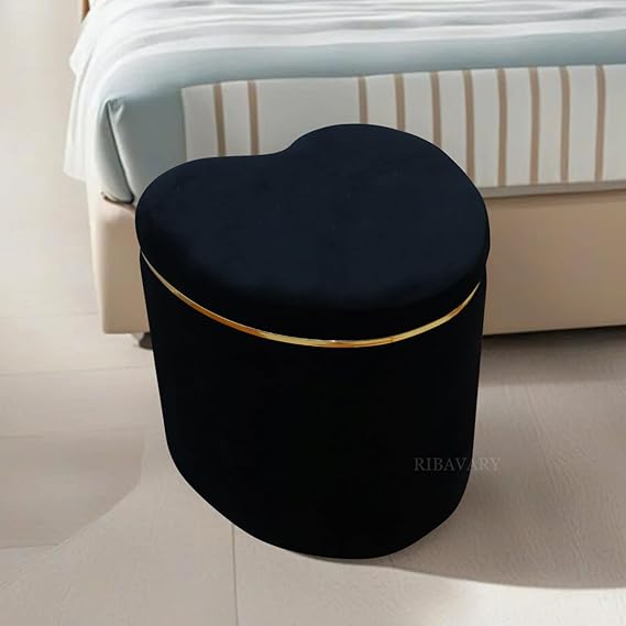 Heart Shaped Black Velvet Ottoman with Gold Trim