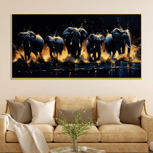 Herd of Elephants Running Through The Water Canvas Wall Painting