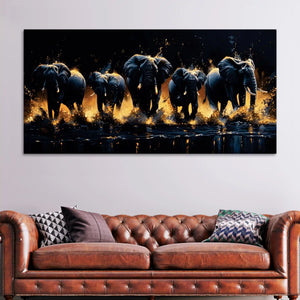 Herd of Elephants Running Through The Water Canvas Wall Painting