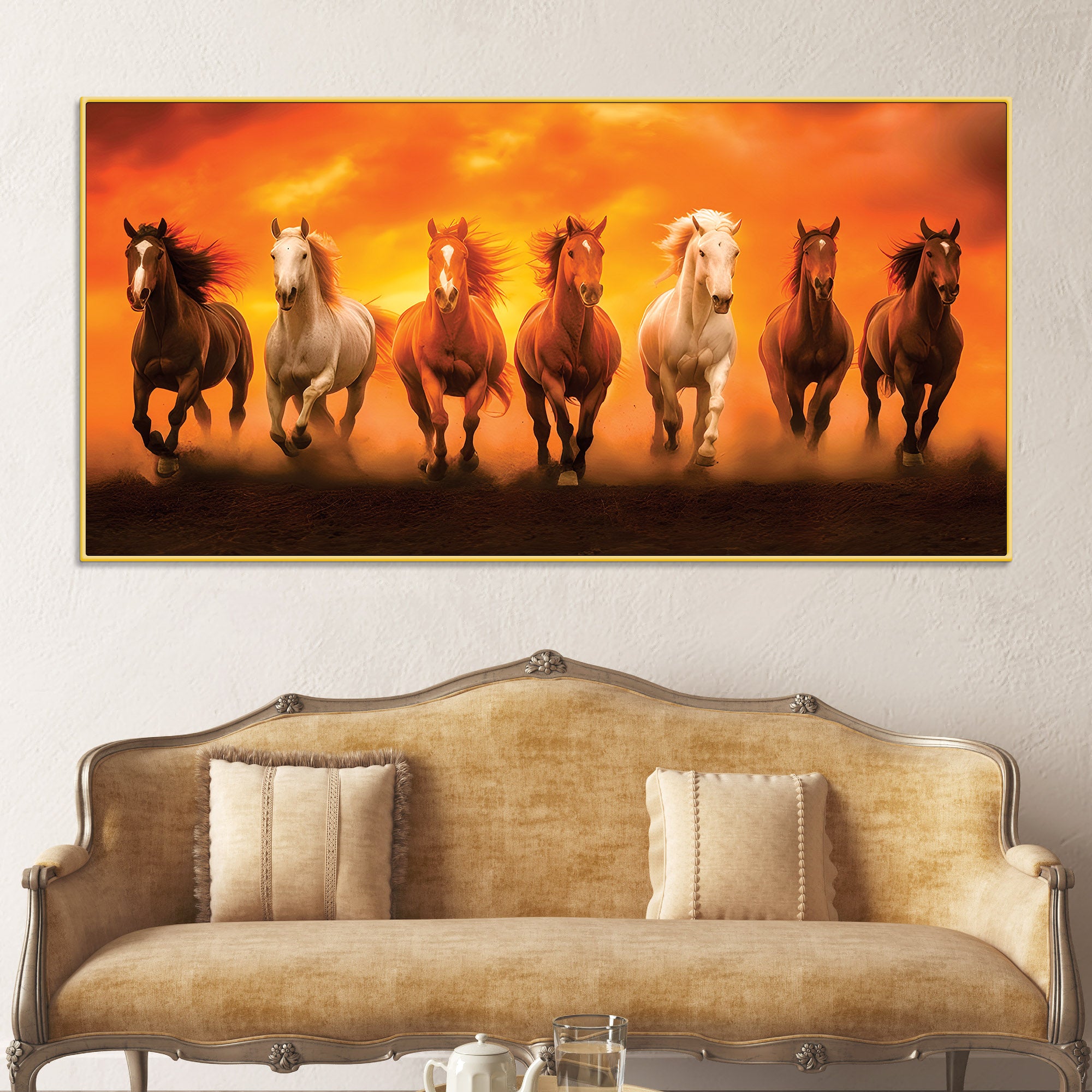 Herd of Seven Horses Running at Sunrise Premium Wall Painting