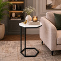 Hexagon Shape Marble Top Black Stand Side Table