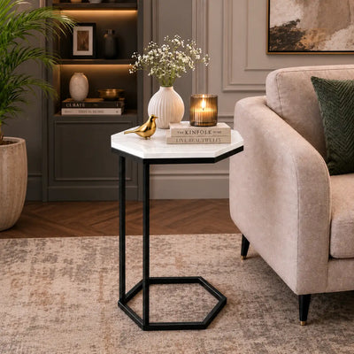 Hexagon Shape Marble Top Black Stand Side Table
