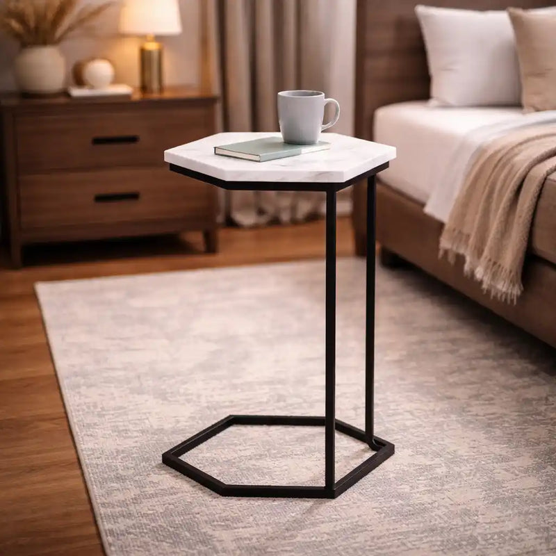 Hexagon Shape Marble Top Black Stand Side Table