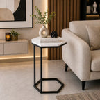 Hexagon Shape Marble Top Black Stand Side Table