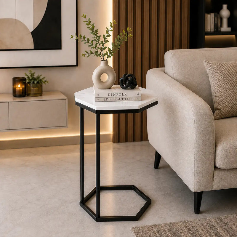 Hexagon Shape Marble Top Black Stand Side Table
