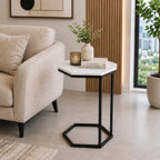 Hexagon Shape Marble Top Black Stand Side Table