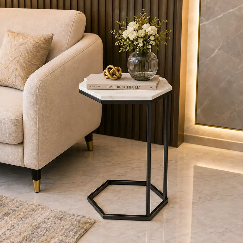 Hexagon Shape Marble Top Black Stand Side Table