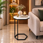 Hexagon Shape Marble Top Black Stand Side Table
