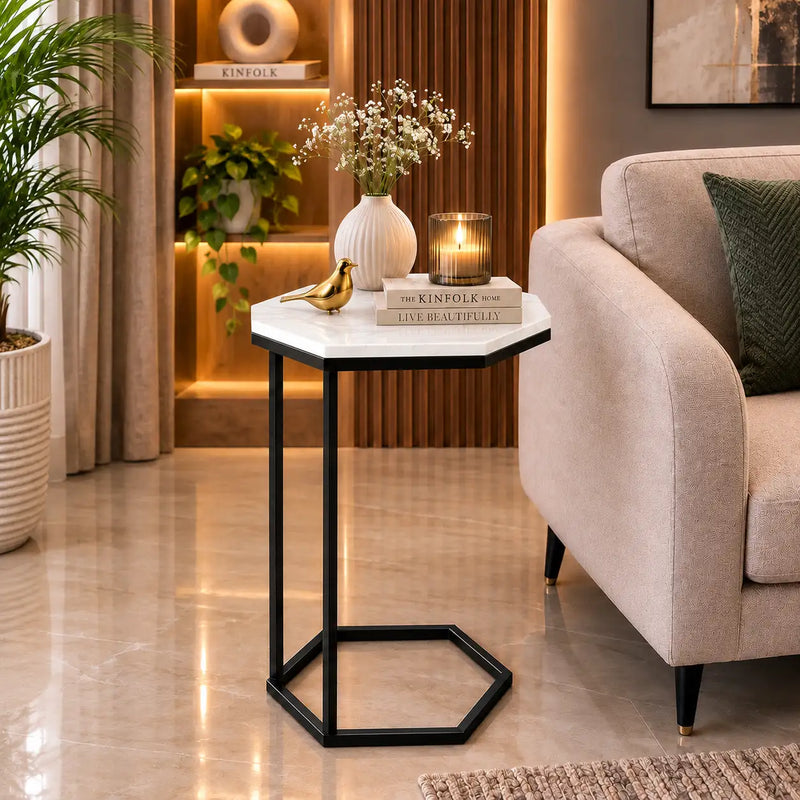Hexagon Shape Marble Top Black Stand Side Table