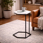 Hexagon Shape Marble Top Black Stand Side Table