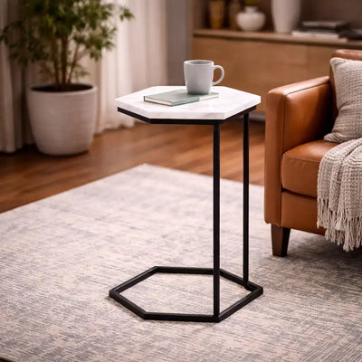 Hexagon Shape Marble Top Black Stand Side Table