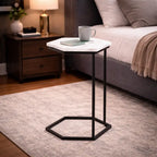 Hexagon Shape Marble Top Black Stand Side Table