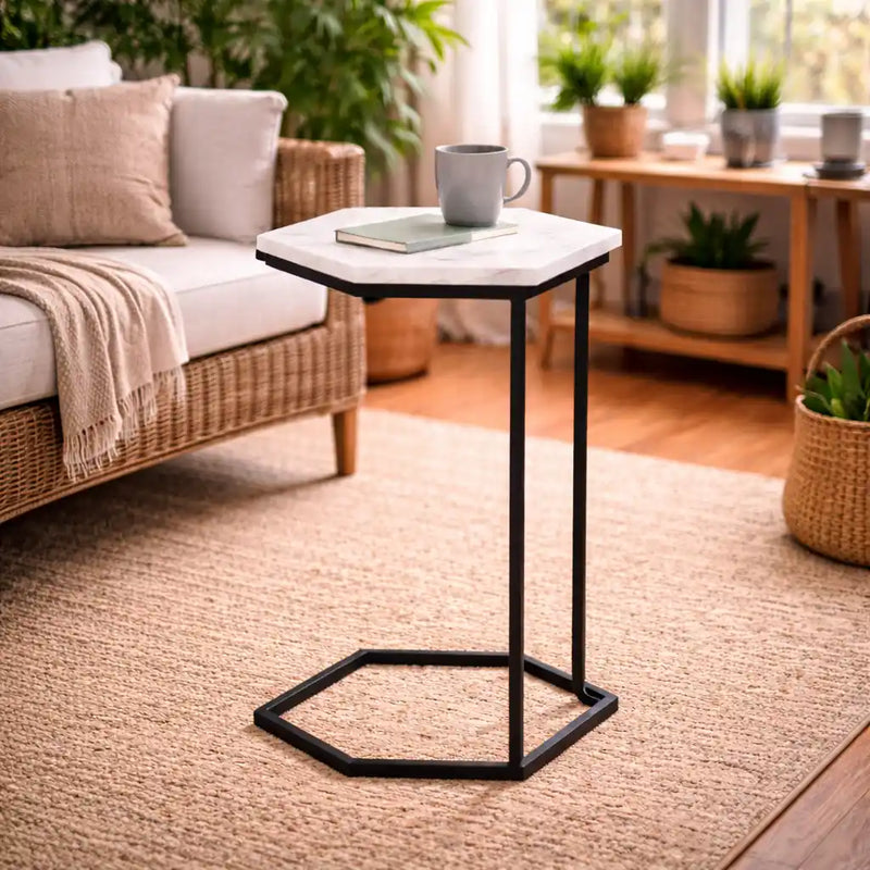 Hexagon Shape Marble Top Black Stand Side Table