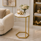 Hexagon Shape Marble Top Golden Stand Side Table