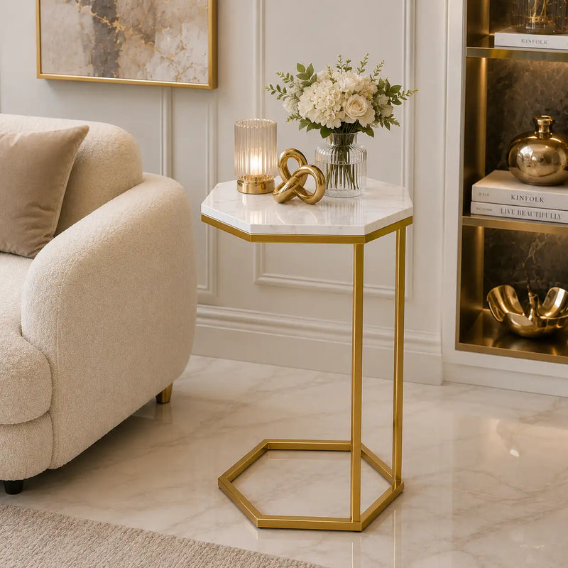 Hexagon Shape Marble Top Golden Stand Side Table