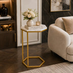 Hexagon Shape Marble Top Golden Stand Side Table