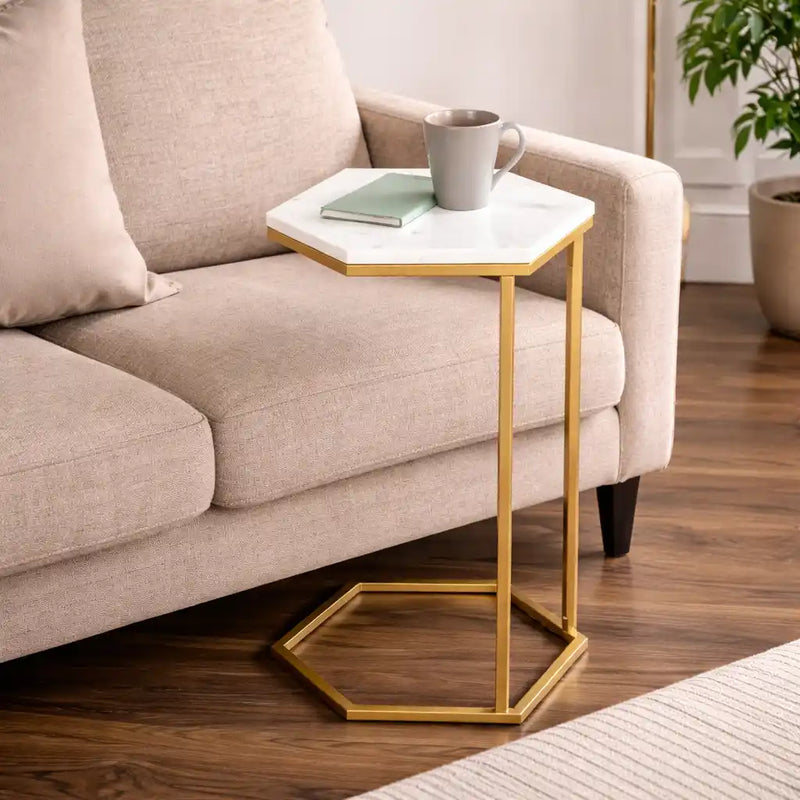 Hexagon Shape Marble Top Golden Stand Side Table