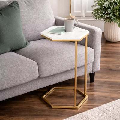 Hexagon Shape Marble Top Golden Stand Side Table