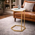 Hexagon Shape Marble Top Golden Stand Side Table