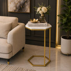 Hexagon Shape Marble Top Golden Stand Side Table