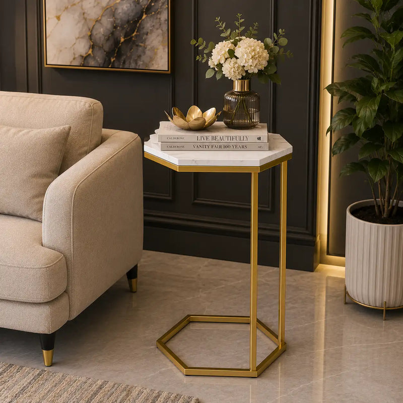 Hexagon Shape Marble Top Golden Stand Side Table