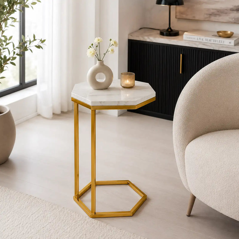 Hexagon Shape Marble Top Golden Stand Side Table