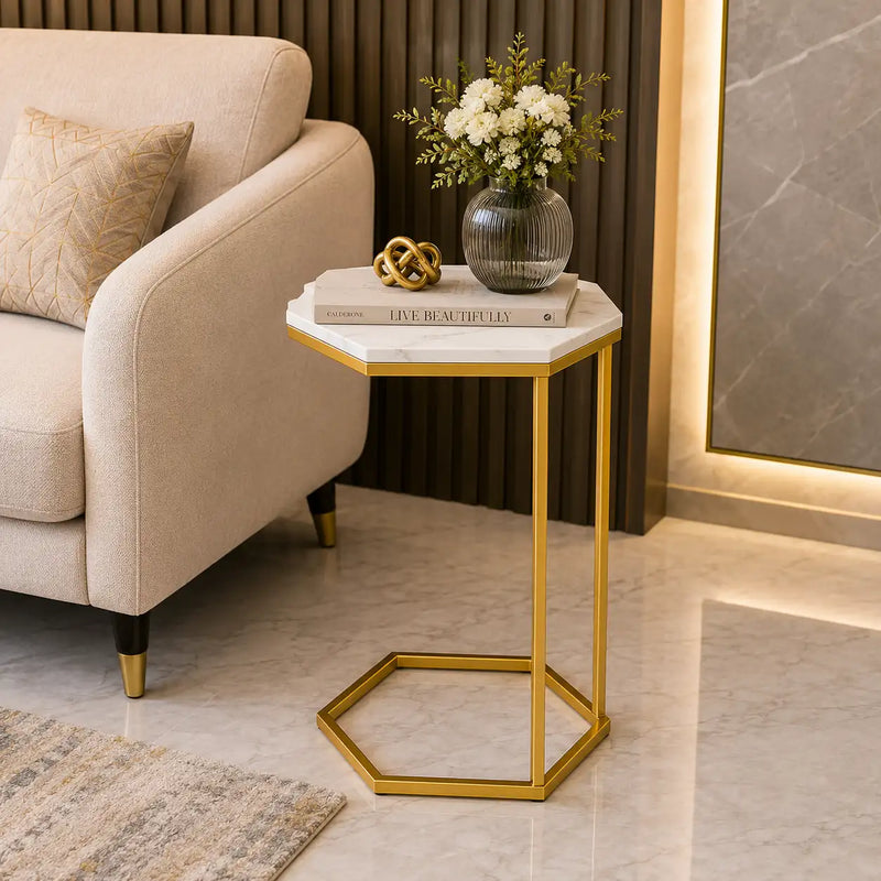 Hexagon Shape Marble Top Golden Stand Side Table