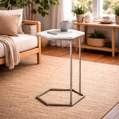 Hexagon Shape Marble Top Silver Stand Side Table
