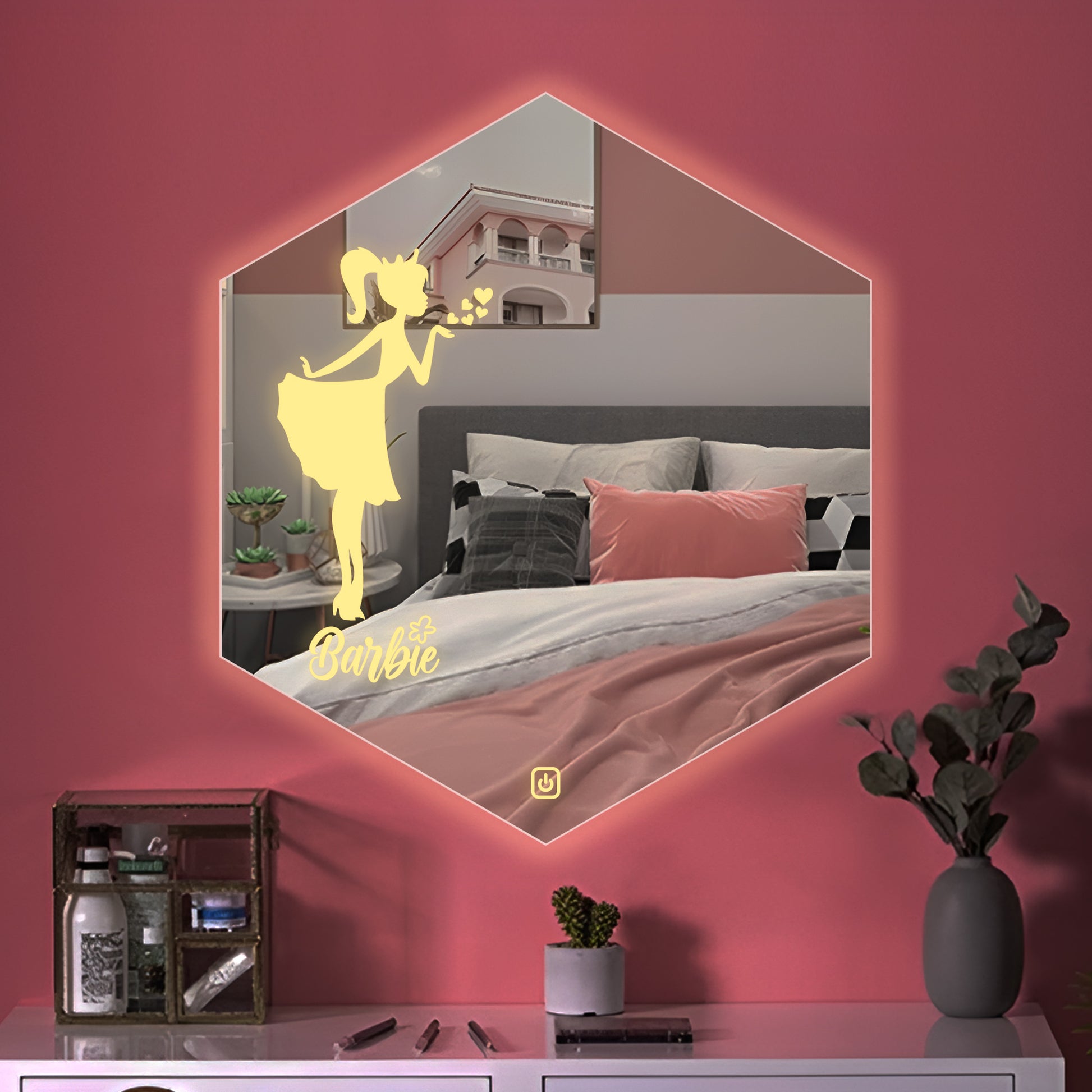 Hexagon Shaped Fairy Barbie Girl Design LED Bathroom Wall Mirror