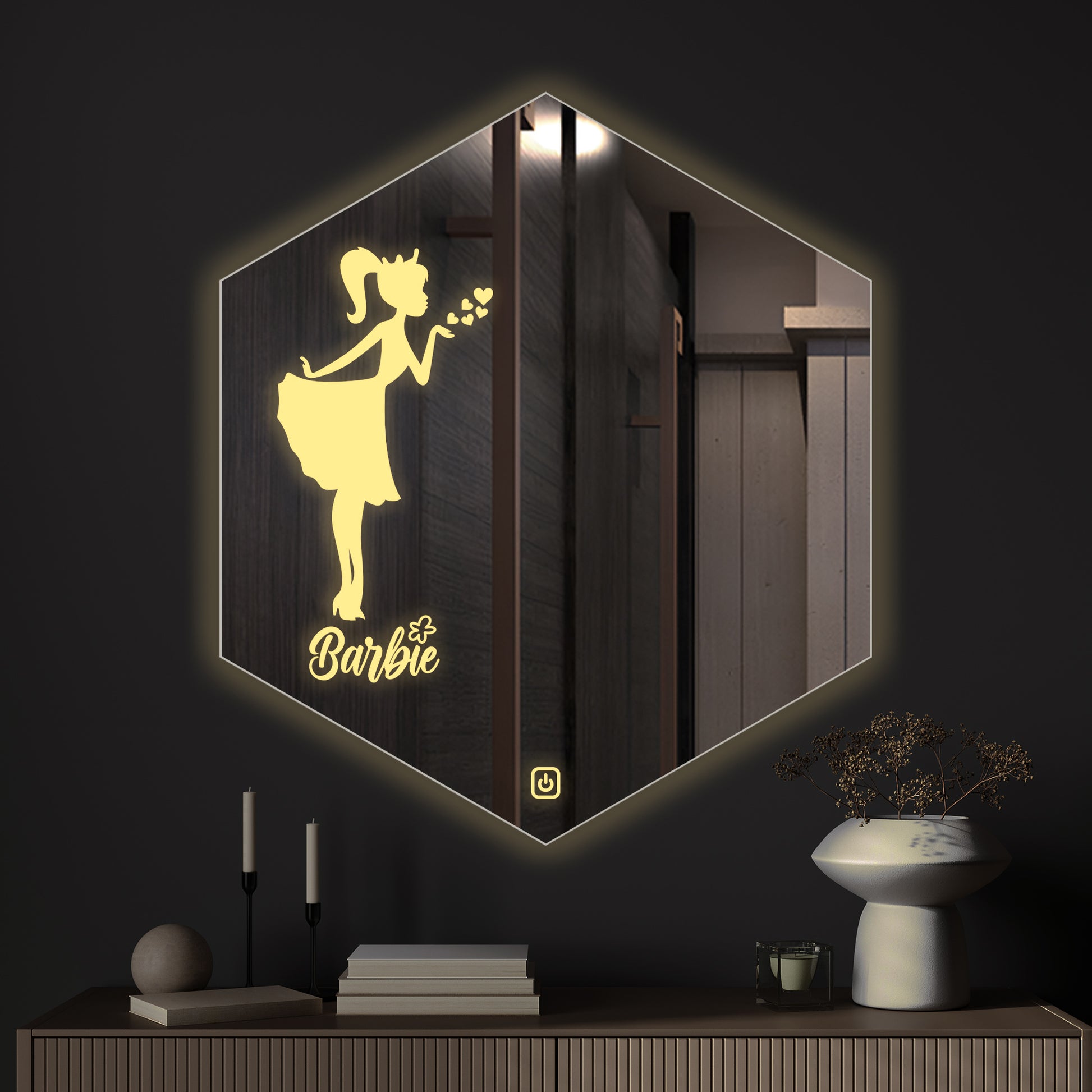 Hexagon Shaped Fairy Barbie Girl Design LED Bathroom Wall Mirror